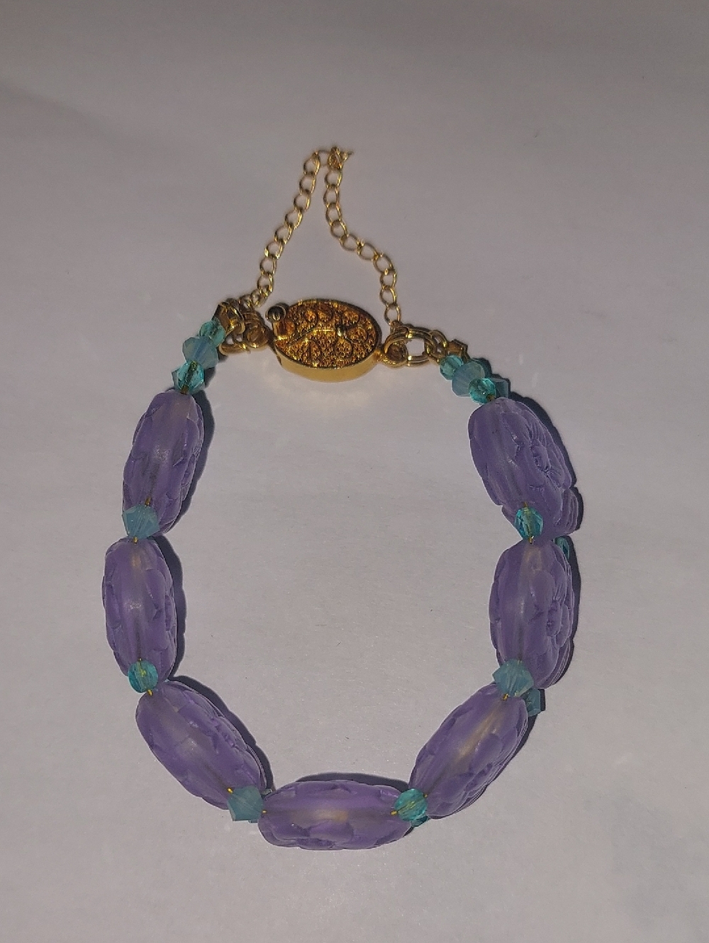 Gold Accent Purple Beaded Bracelet with Teal Crystals Very Unique.9